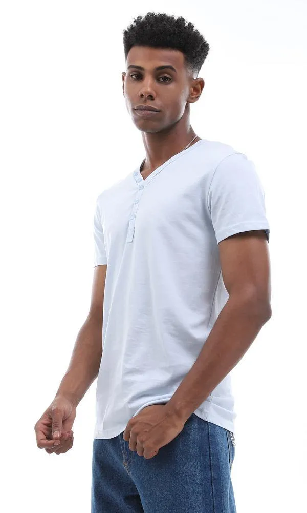 94601 Simple Soild Buttoned V-Neck Sky Blue T-Shirt