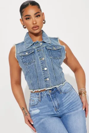 American Dream Cropped Denim Vest - Medium Blue Wash