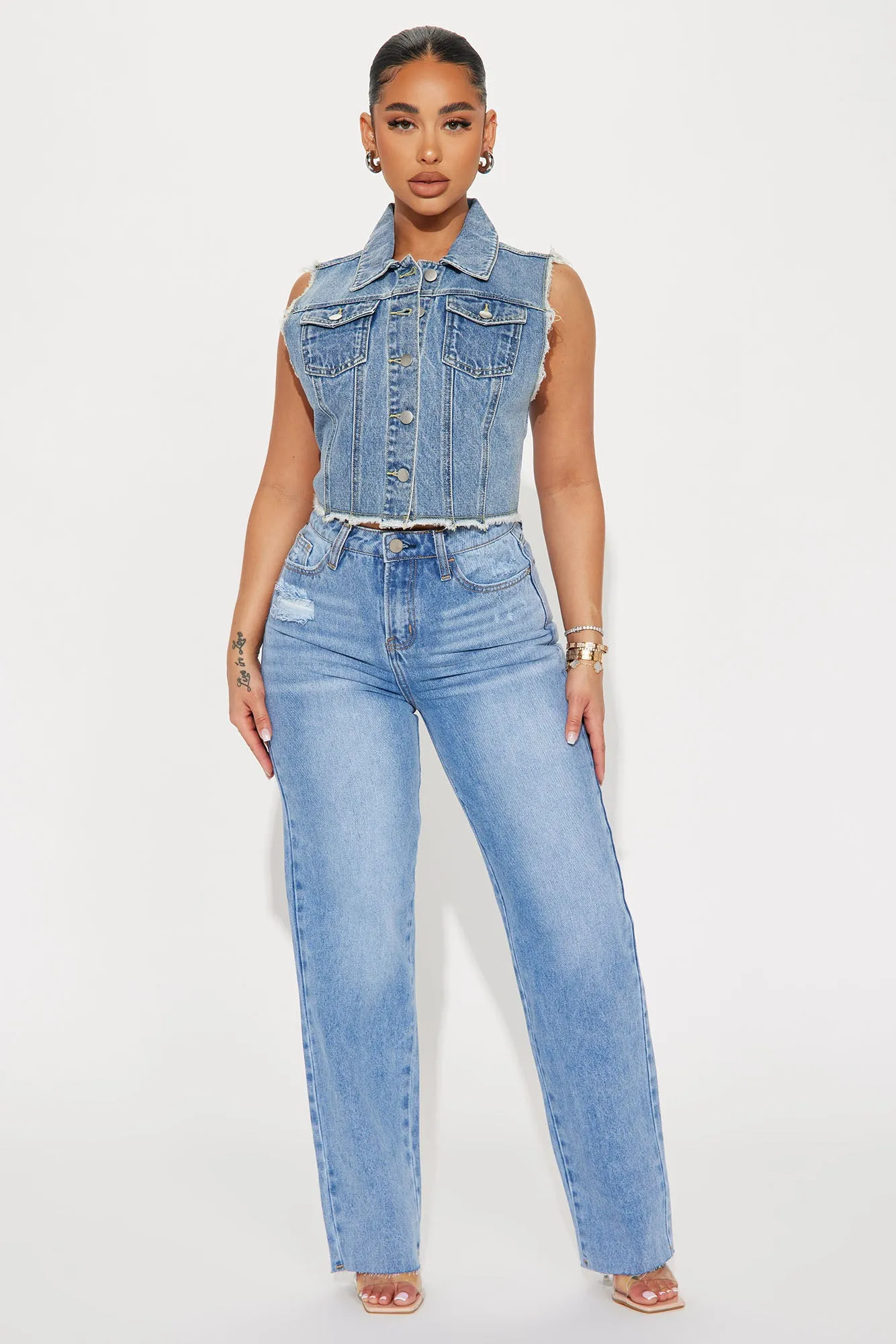 American Dream Cropped Denim Vest - Medium Blue Wash