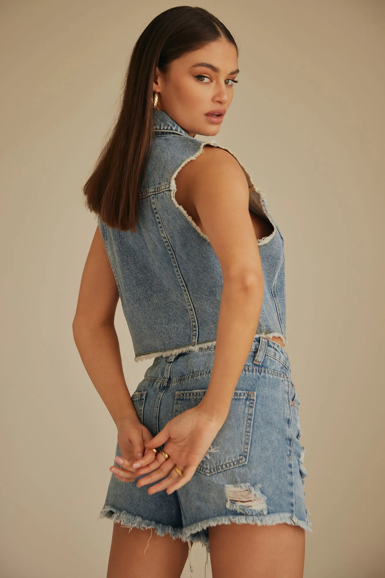 American Dream Cropped Denim Vest - Medium Blue Wash