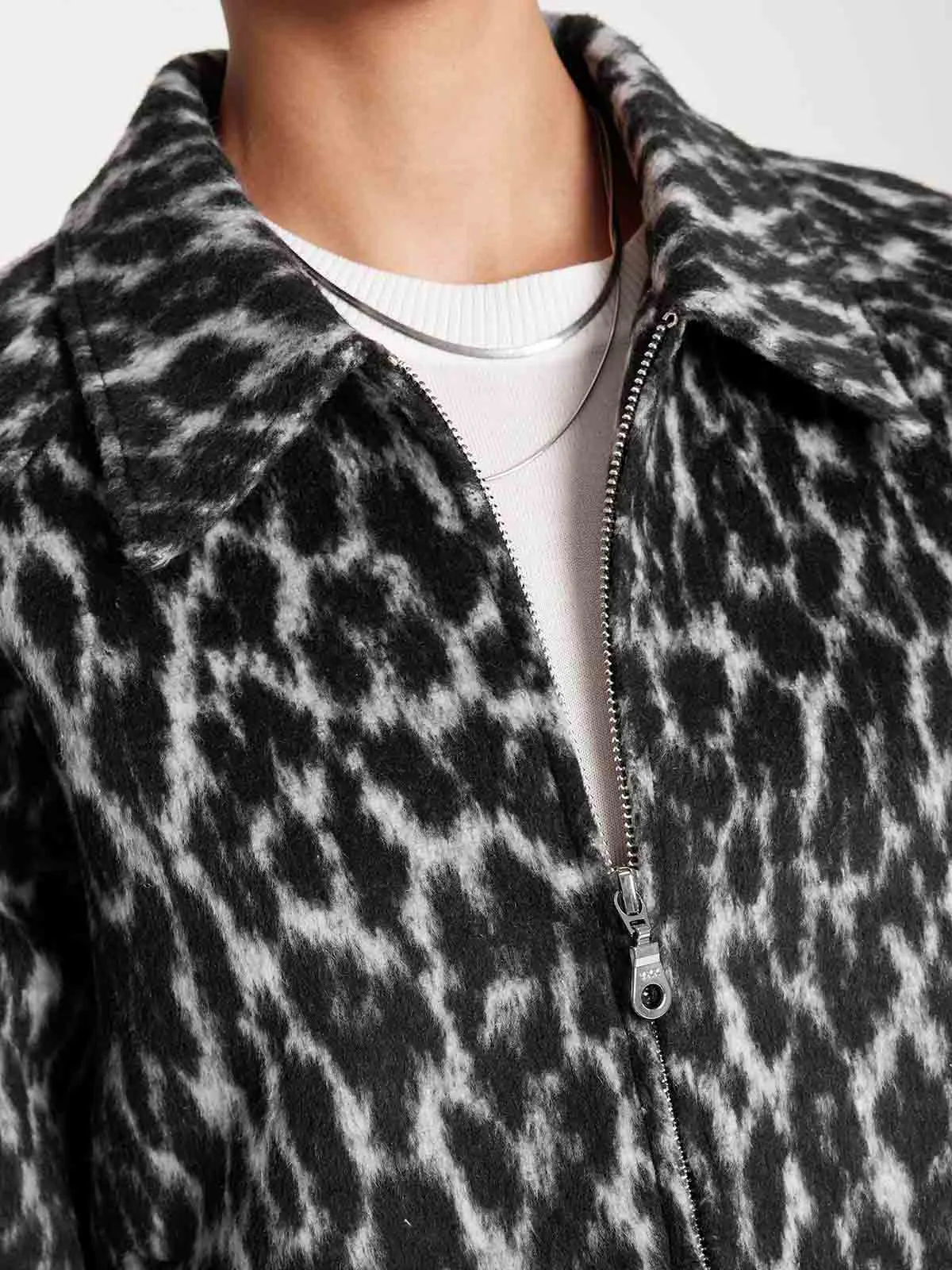 ASOBIO Cropped Leopard Woolen Zip-Up Jacket