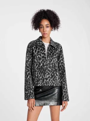 ASOBIO Cropped Leopard Woolen Zip-Up Jacket