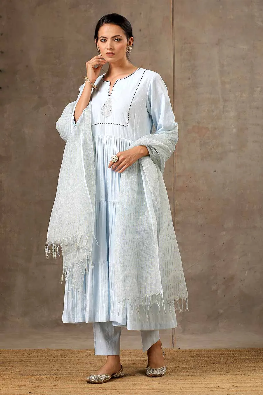 Blue Woven Cotton Kurta Set With Dupatta