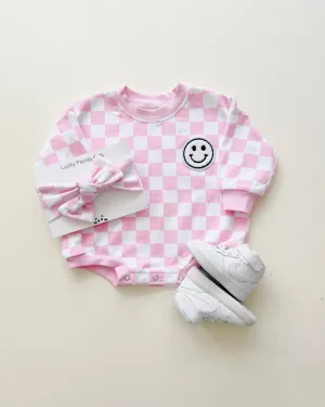 Bubble Romper | Checkered Smiley Pink