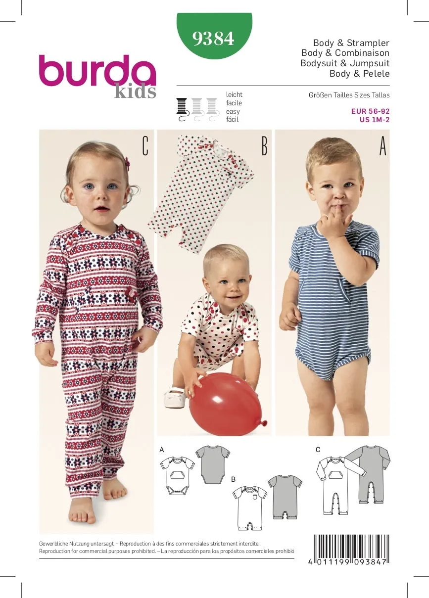 Burda Pattern 9384 Babies' Bodysuit and Rompers (1M-2Yr)