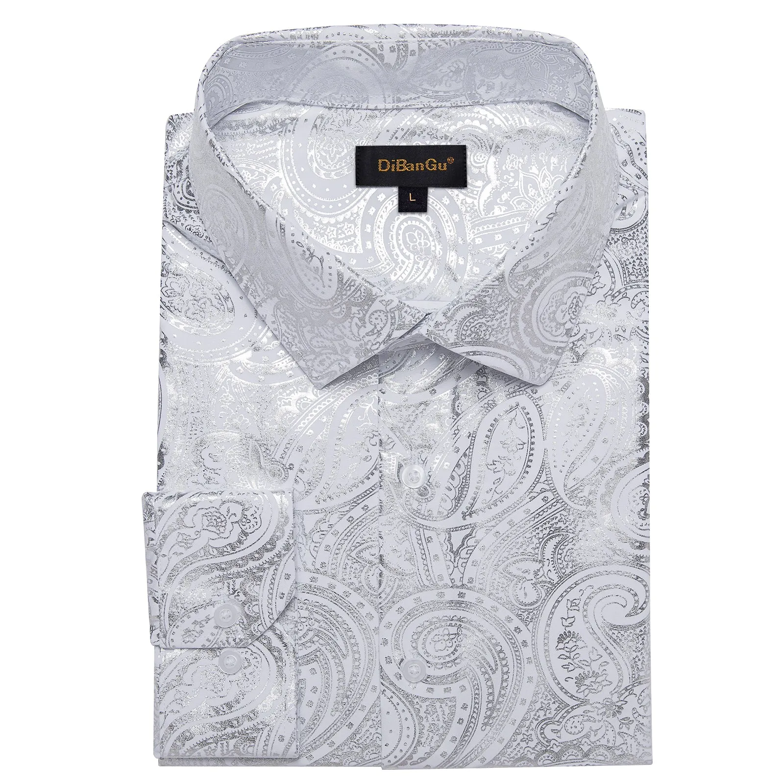 DiBanGu Light Grey Paisley Hot Stamping Button Up Long Sleeve Shirt for Men