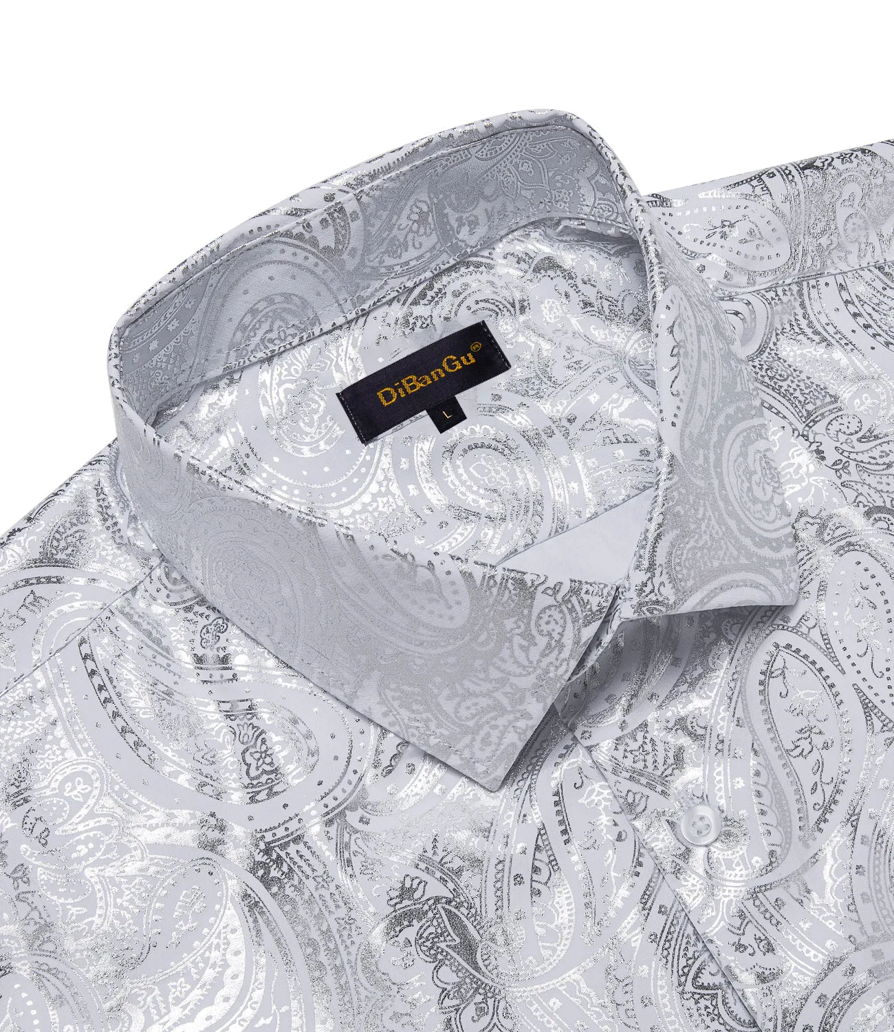 DiBanGu Light Grey Paisley Hot Stamping Button Up Long Sleeve Shirt for Men