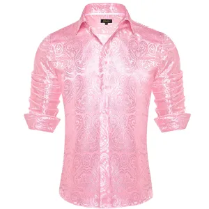 DiBanGu Shirt for Men Light Pink Paisley Long Sleeve Silk Button Up Business Work Shirt