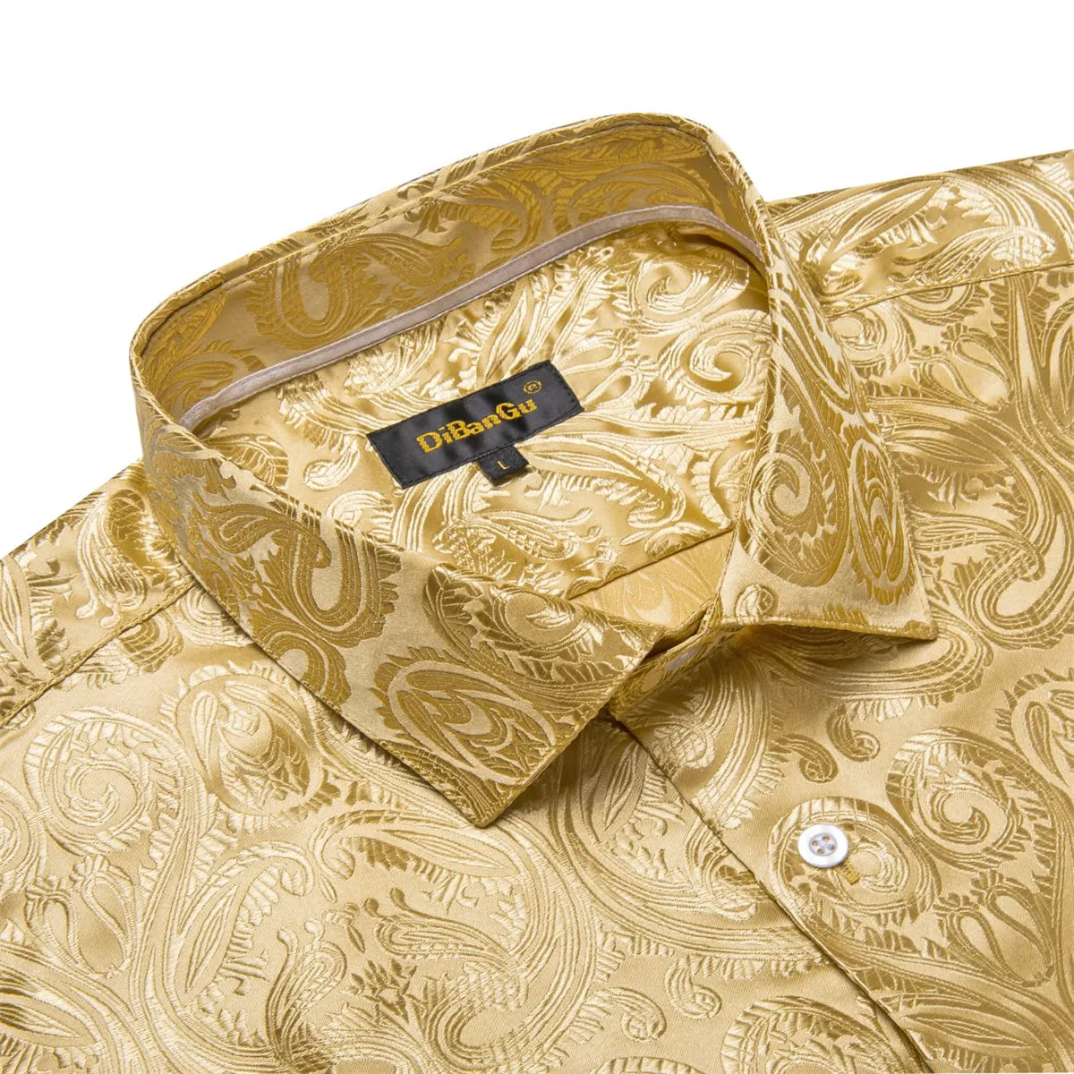 DiBanGu Shirt for Men Light Yellow Paisley Long Sleeve Silk Button Up Shirt