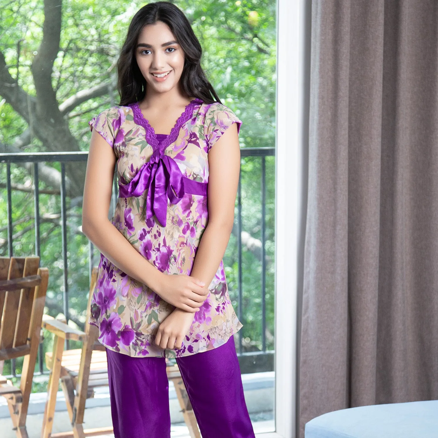 Double chiffon top & Satin pj Night suit