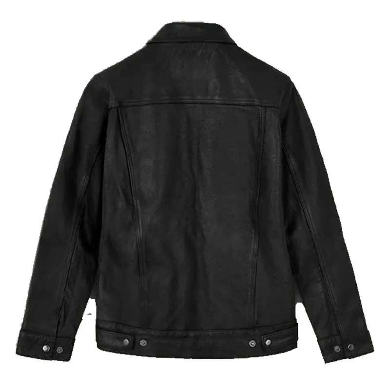 Genuine New Style Best Fashion Biker Black Leather Trucker Jacket