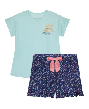 Girls Unicorn Florals 2-Piece Pajama Shorts Sleep Set