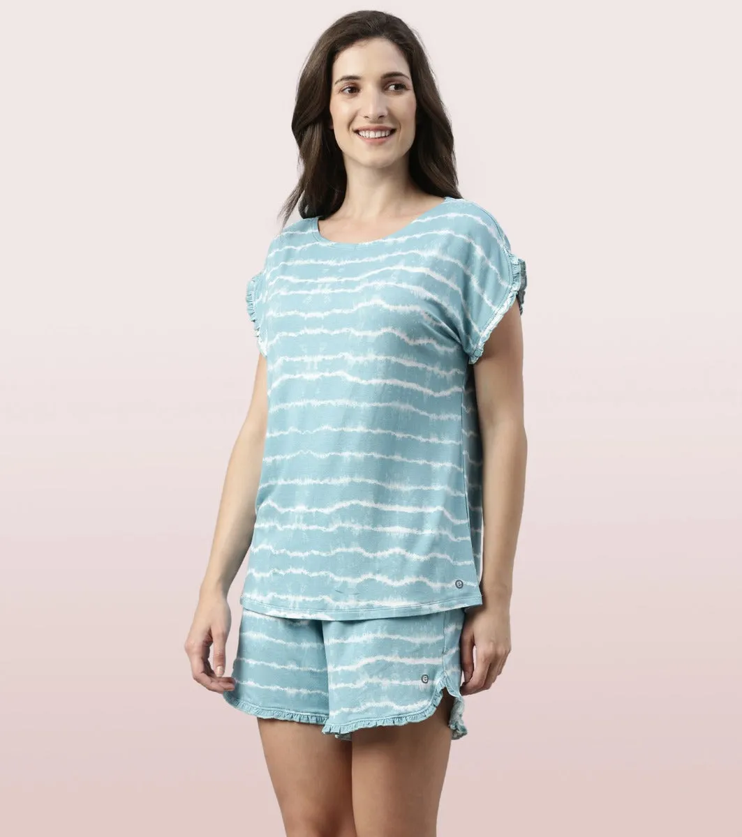 Home Shorts Set | Viscose Printed Ruffled Trim Tee And Shorts Set