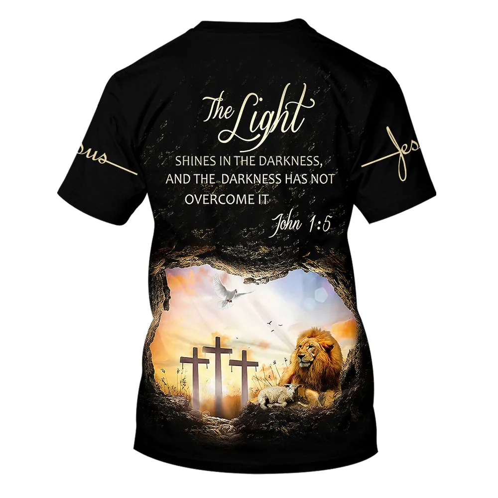 Lion Cross The Light Shines In The Darkness 3d T-Shirts - Christian Shirts For Men&Women