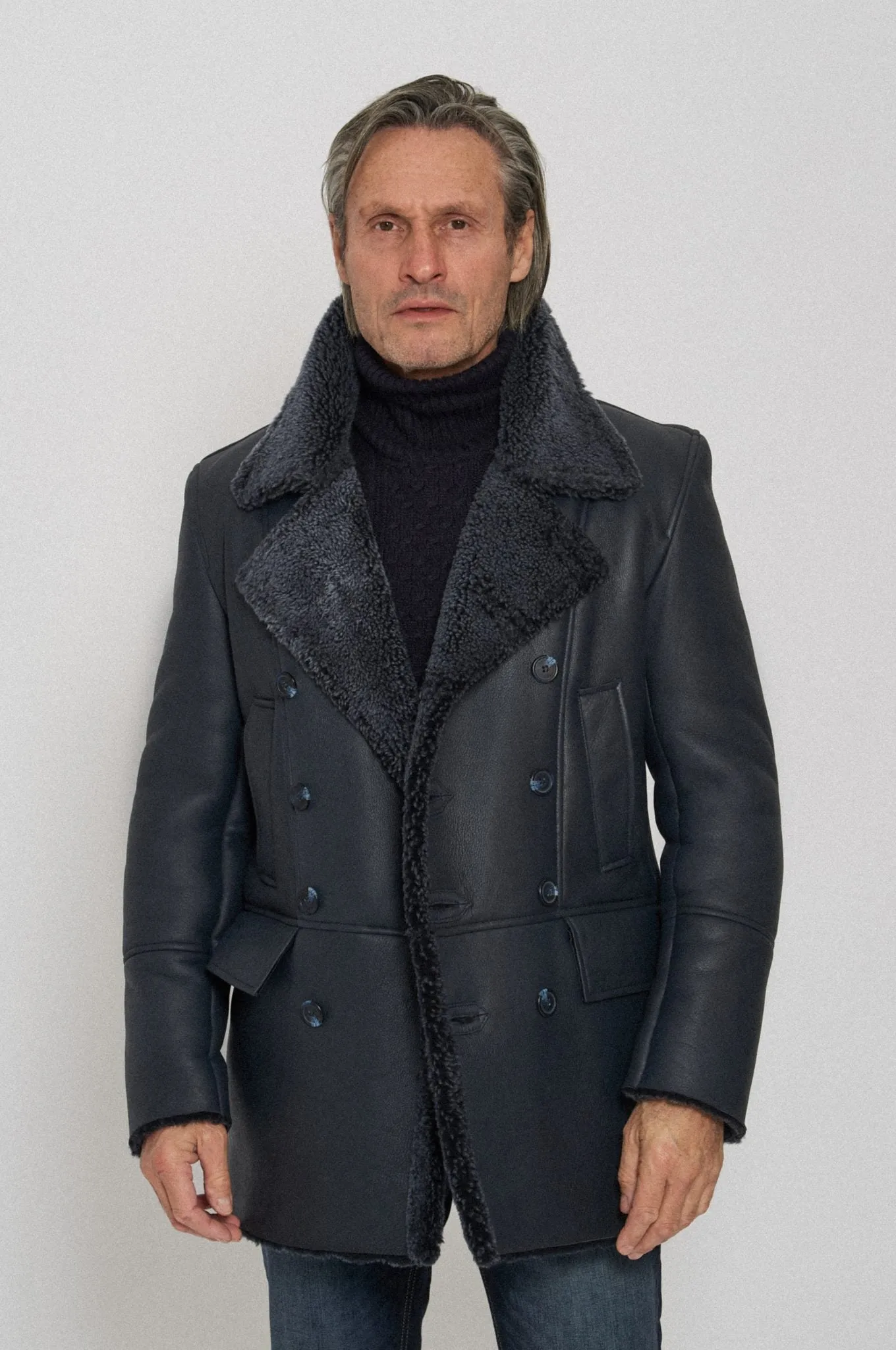 Men's Black Classic Pea Shearling Leather Coat