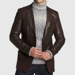 Mens Genuine Lambskin Soft Real Leather Blazer Long Coat  Two Button Slim Fit Coat Jacket