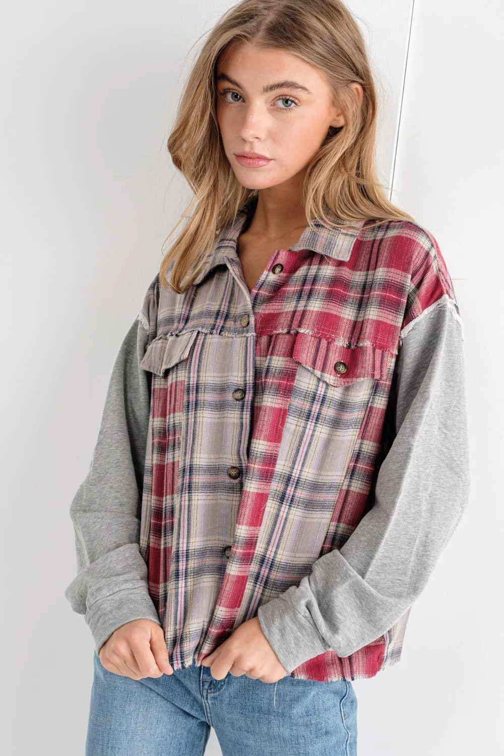 Mix Plaid Front Pocket French Terry Shirt Jacket