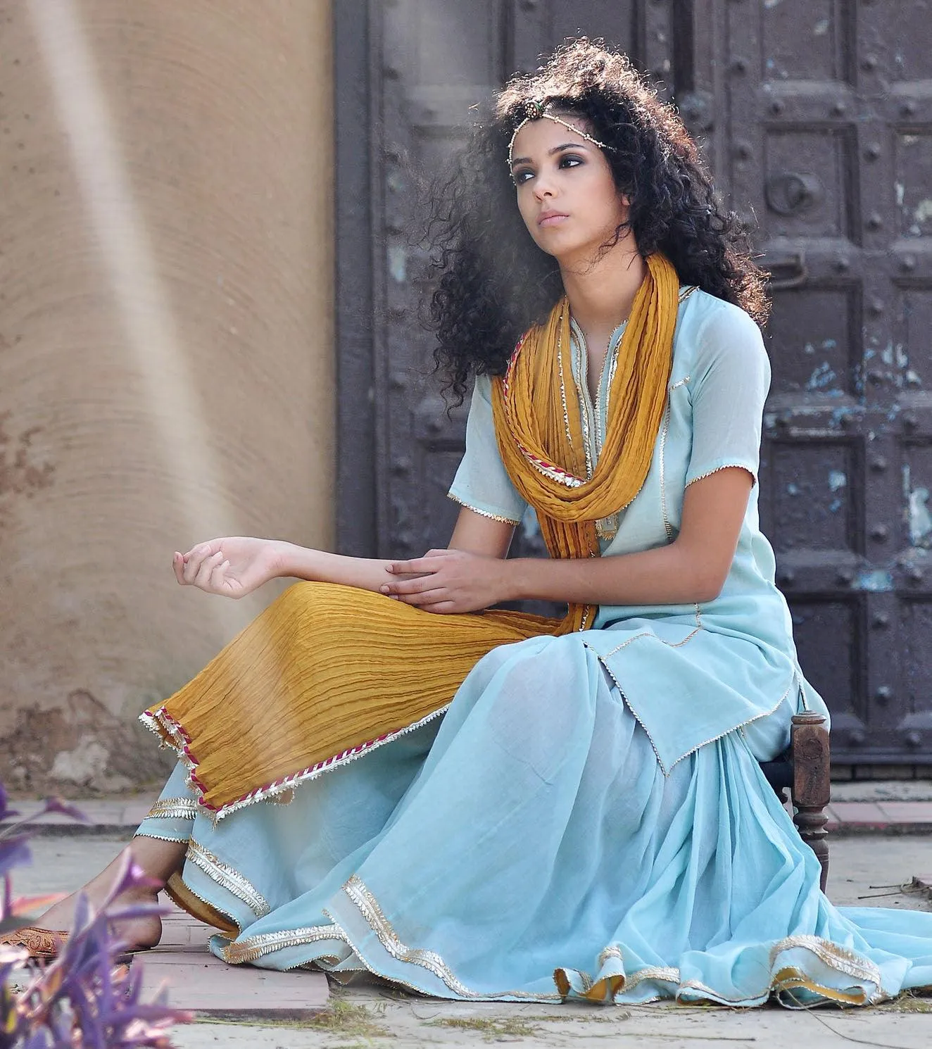 PALE BLUE AND MUSTARD SHARARA SET