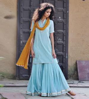 PALE BLUE AND MUSTARD SHARARA SET