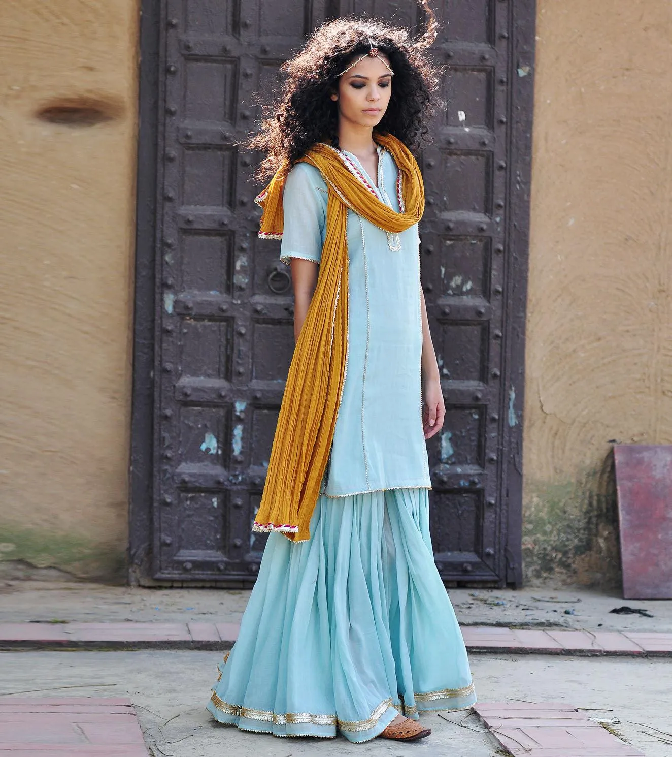 PALE BLUE AND MUSTARD SHARARA SET