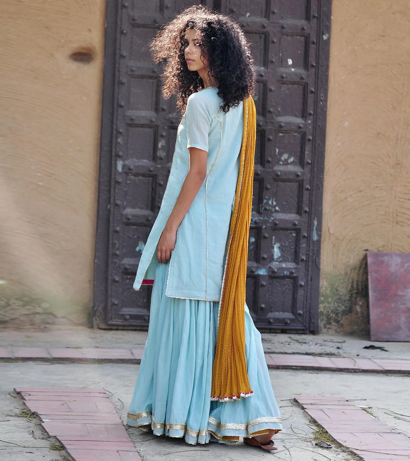 PALE BLUE AND MUSTARD SHARARA SET