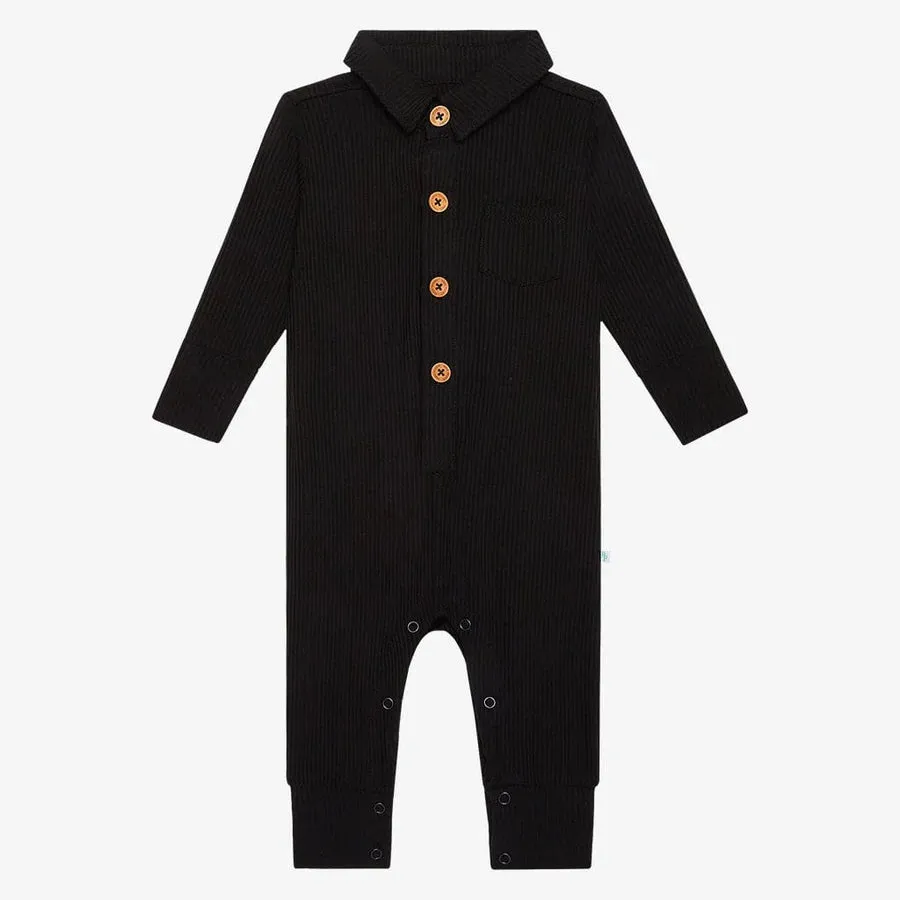 Posh Peanut Ribbed Black Long Sleeve Collared Henley Romper