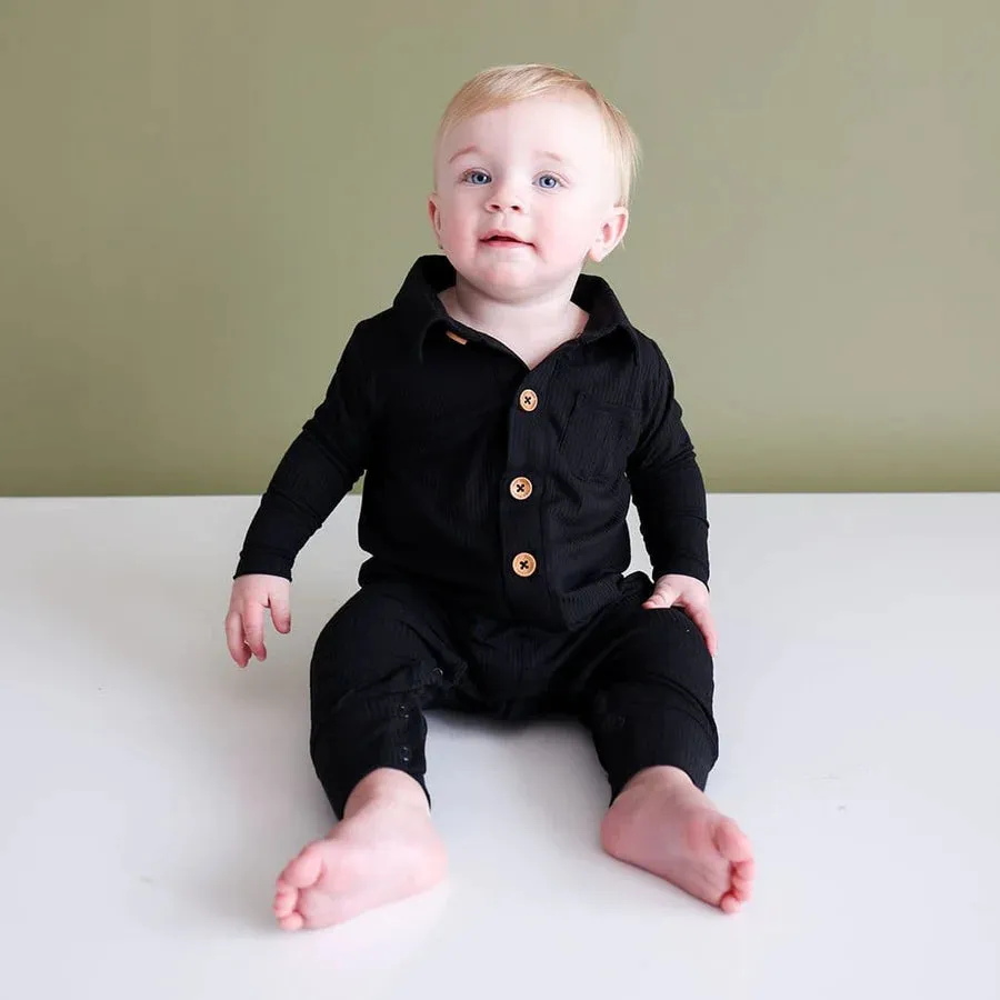 Posh Peanut Ribbed Black Long Sleeve Collared Henley Romper