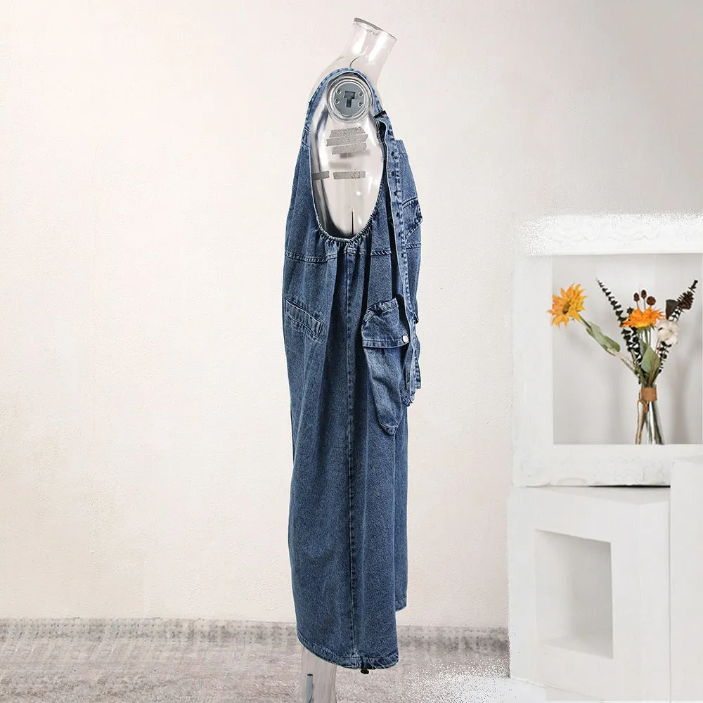 Pre Order:  Large 3D Pocket Shoulder Strap Denim Jumpsuit