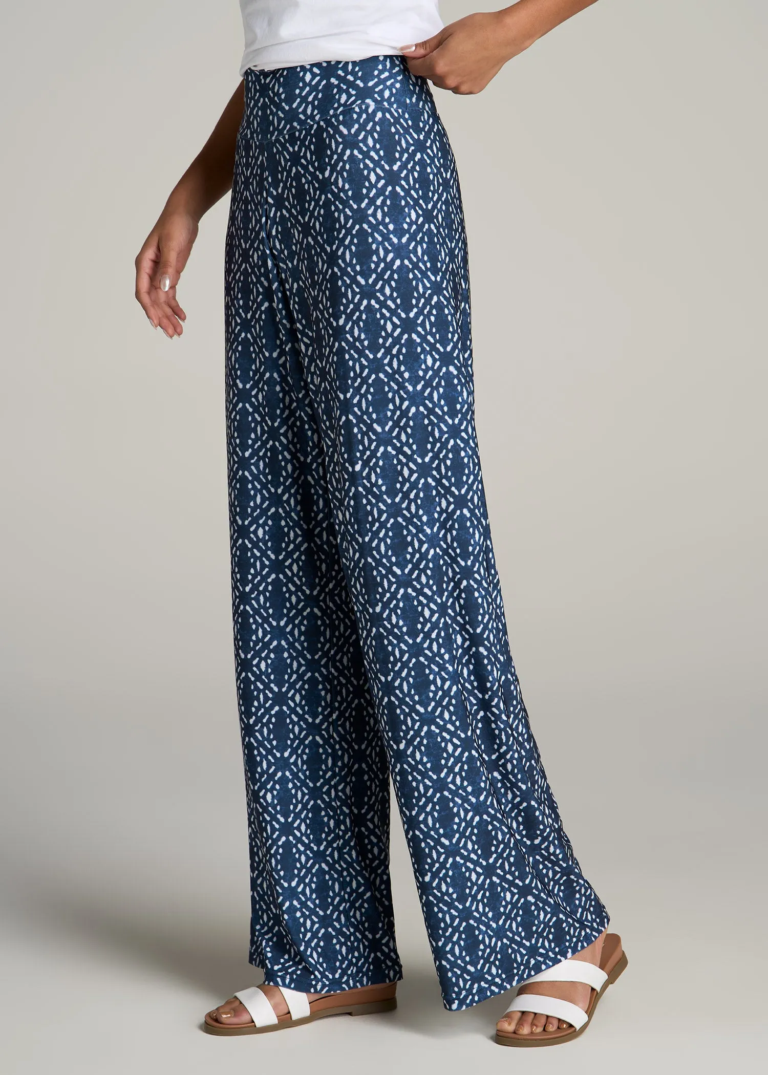 Pull On Breezy Wide Leg Pants for Tall Women in Indigo Tribal Print