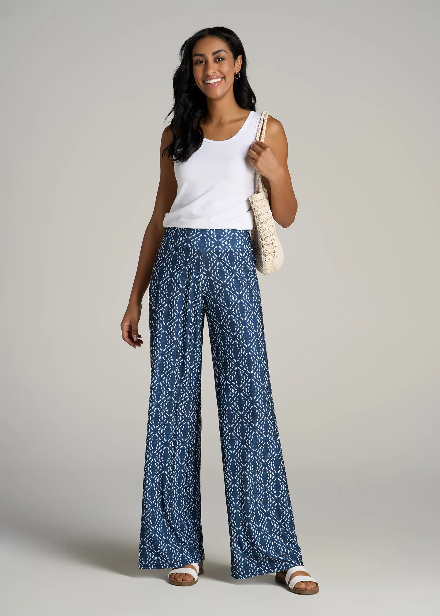 Pull On Breezy Wide Leg Pants for Tall Women in Indigo Tribal Print