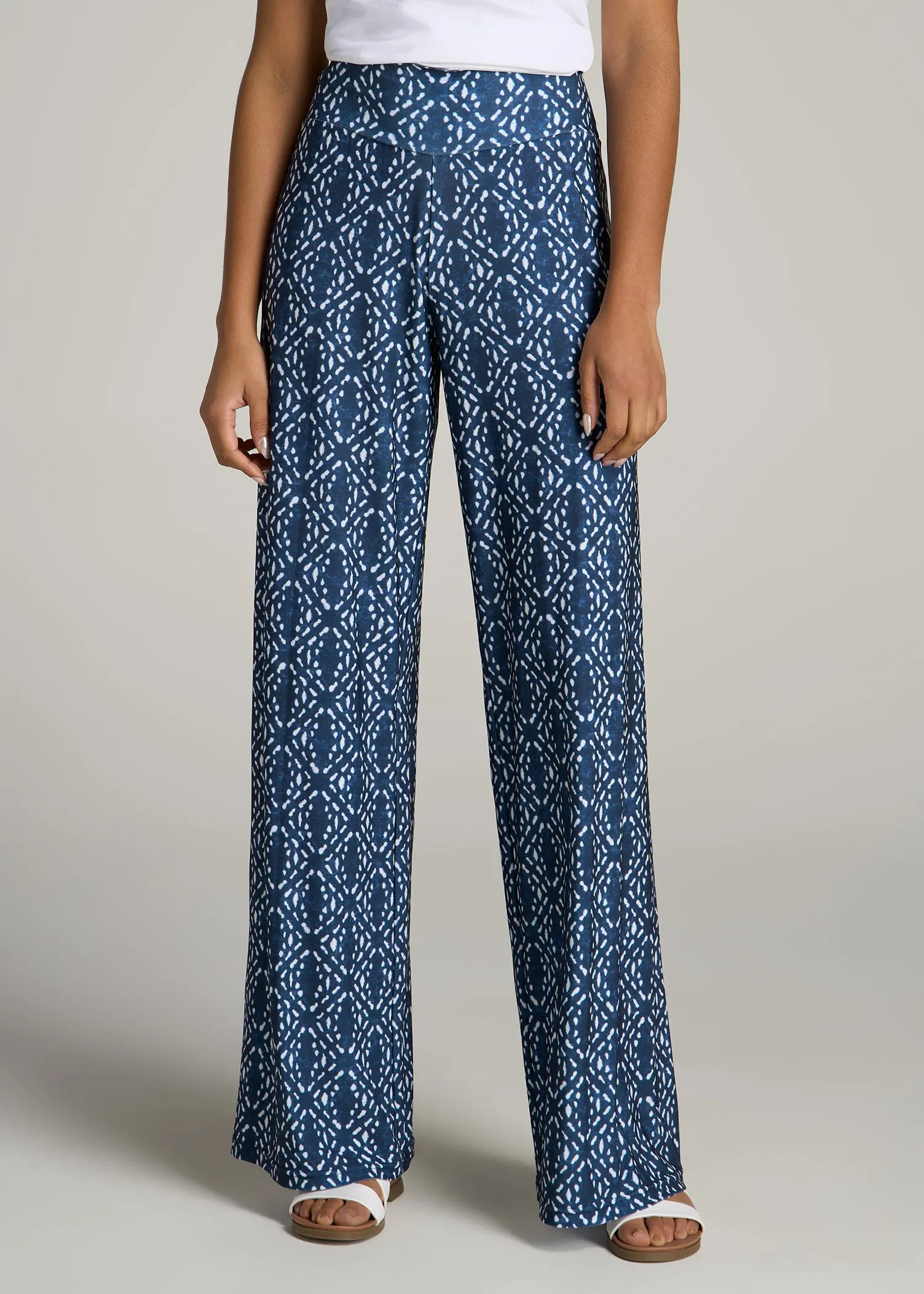 Pull On Breezy Wide Leg Pants for Tall Women in Indigo Tribal Print