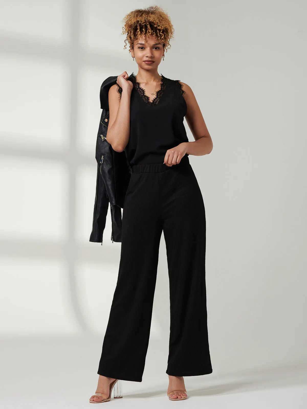 Ribbed Wide Leg Trousers, Black