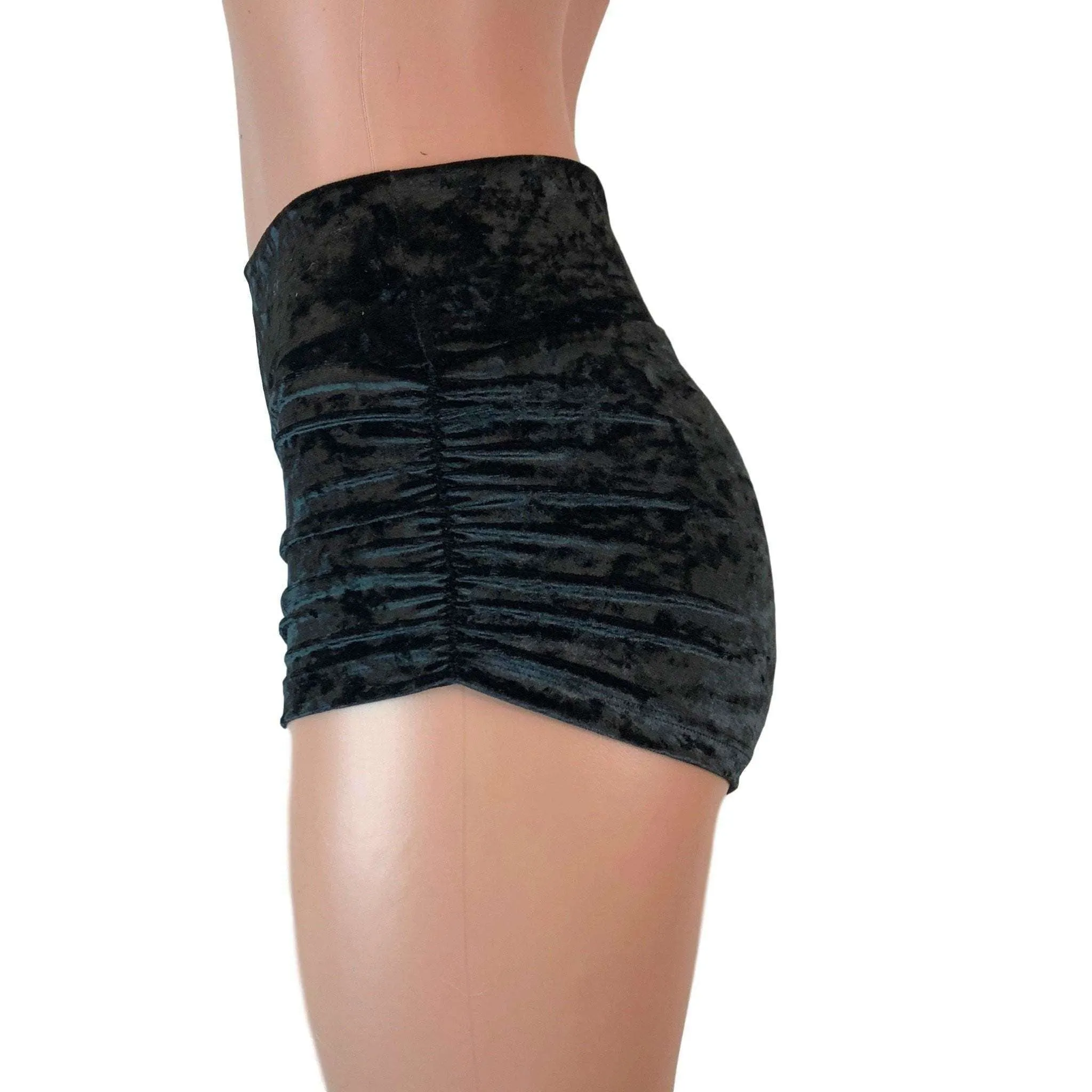 Ruched Booty Shorts - Black Crushed Velvet Scrunch Shorts