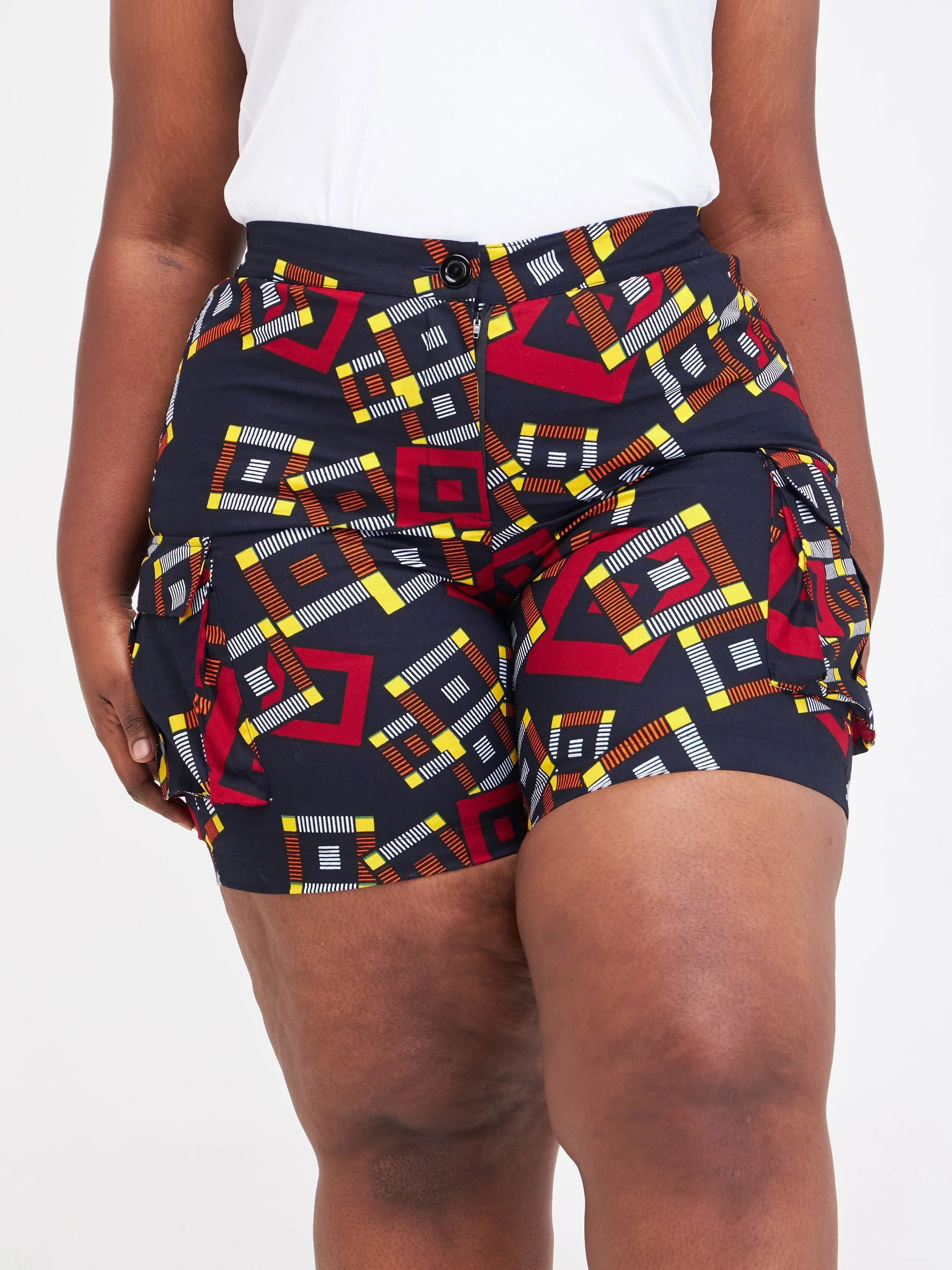 Safari Anga Wide Shorts - Navy Blue / Orange Ankara Print