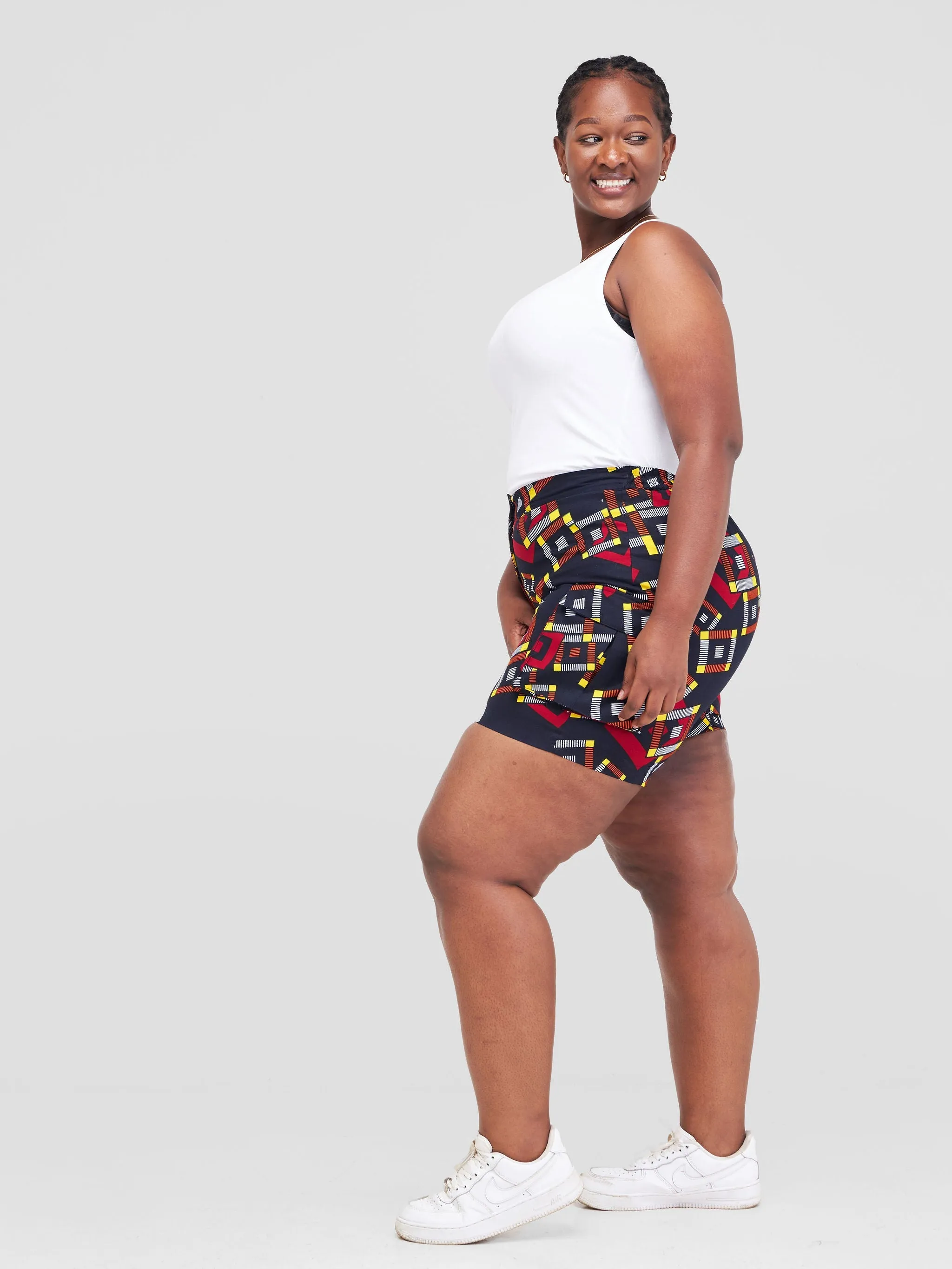 Safari Anga Wide Shorts - Navy Blue / Orange Ankara Print