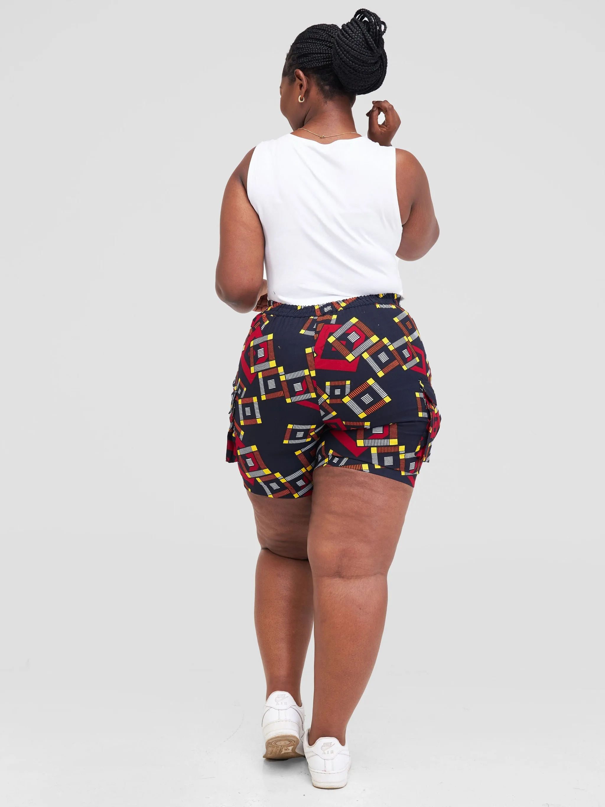 Safari Anga Wide Shorts - Navy Blue / Orange Ankara Print