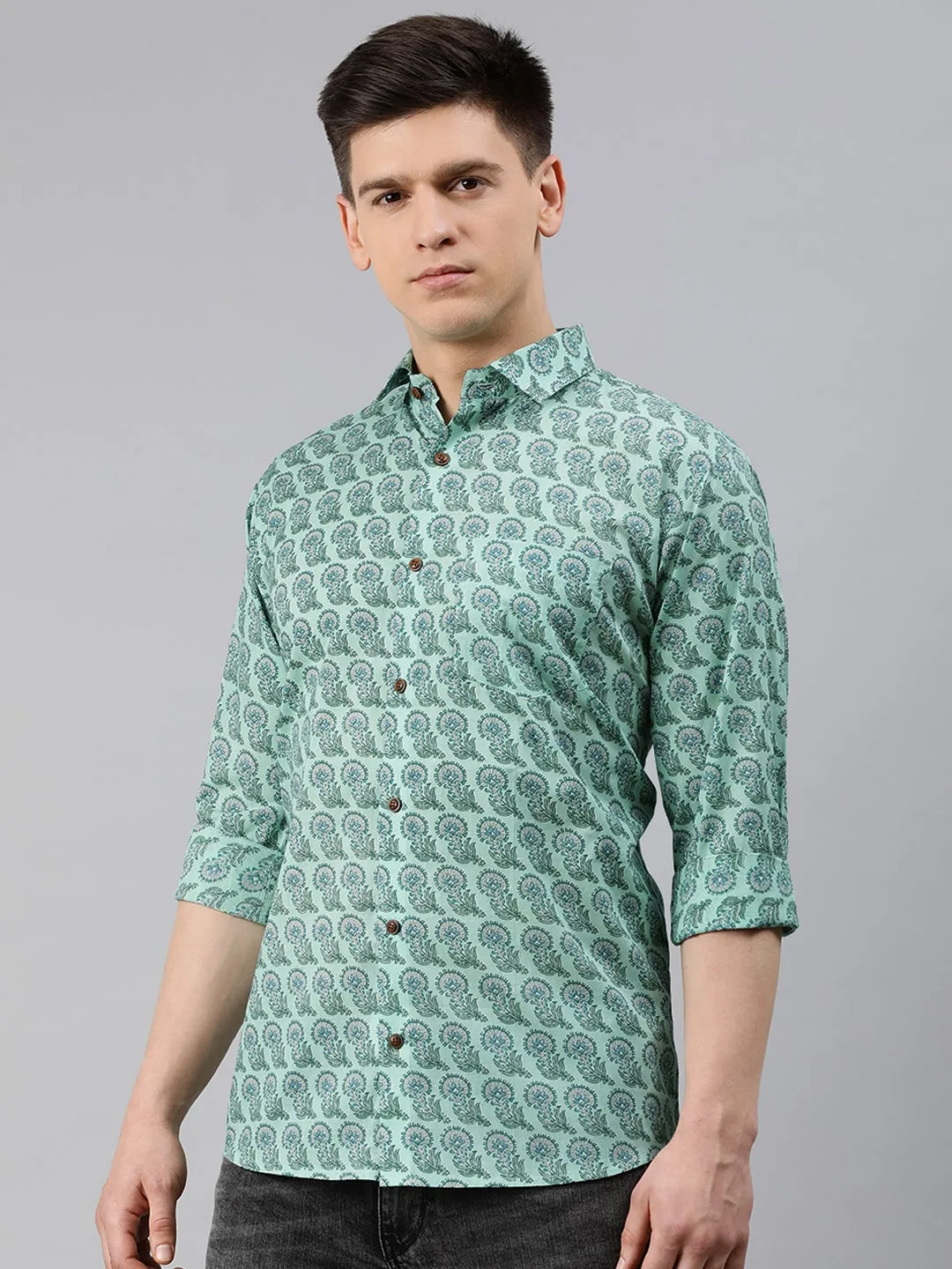 Sea Green Cotton Full Sleeves Shirts For Men-Mmf0226