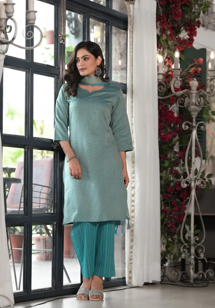 Sky Blue Geometric Printed Cotton Kurta, Pant With Tassels On Dupatta