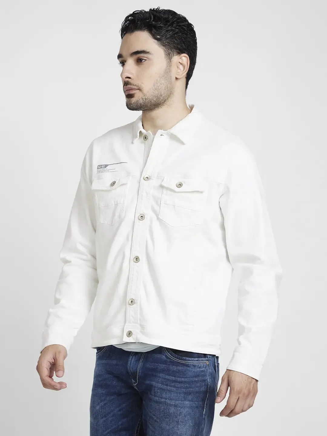 Spykar Men White Cotton Regular Fit Denim Jacket