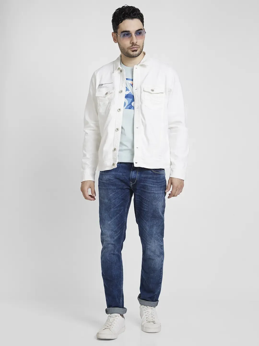 Spykar Men White Cotton Regular Fit Denim Jacket