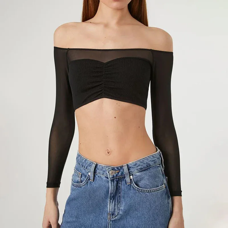 Streetwear Long Sleeves Slash Neck Simple Fashion Mesh Patchwork Crop Autumn Top