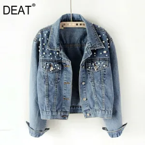 Trendy Denim Loose Pearls Fashion Jacket