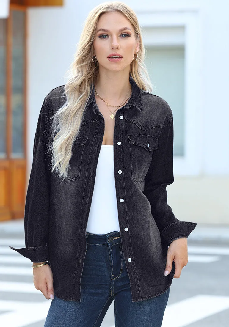 Washed Black Women's Trendy Long Denim Jackets Oversized Shackets with Pockets