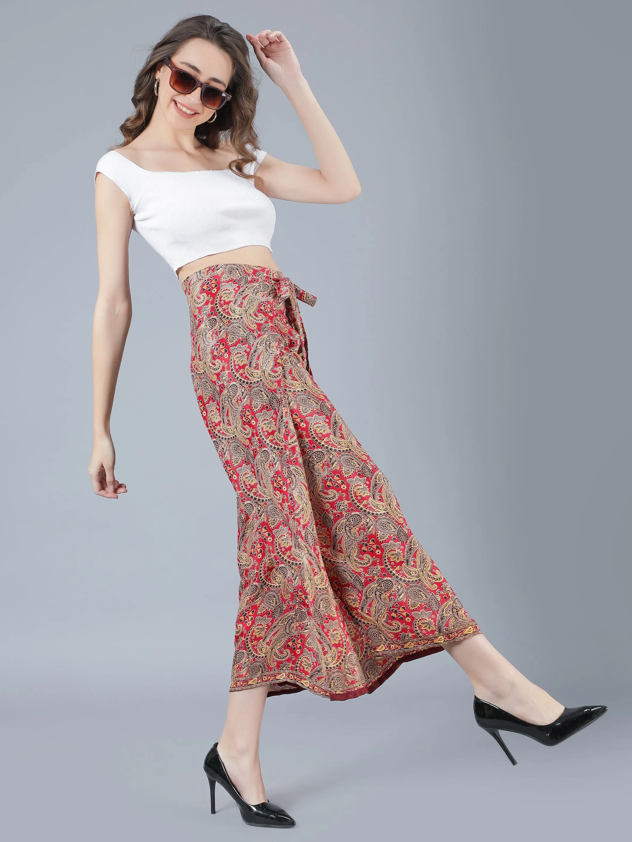 Women Red Printed Tie Wrap Pant