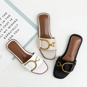 Women's Summer Gold Buckle Detail Flat Sandals